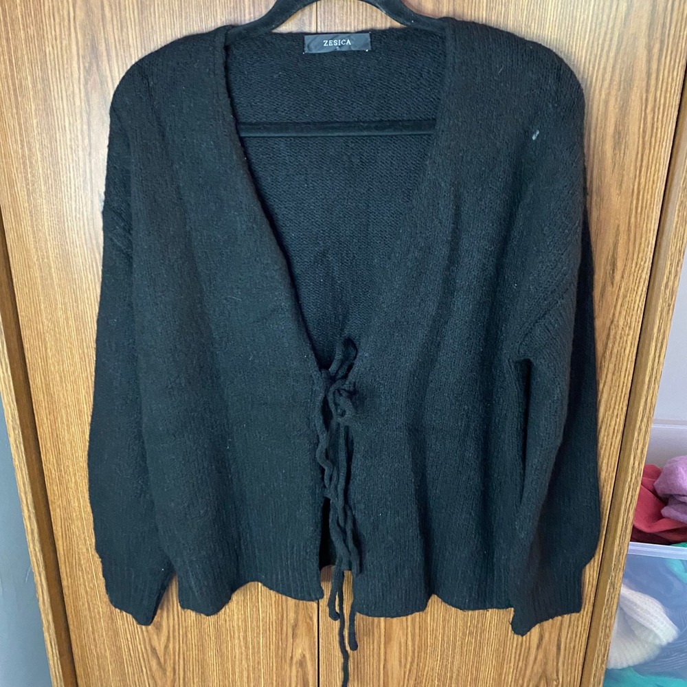ZESICA Cardigan Women Small Black‎ Tie Front V-Neck Long Sleeve Knit Sweater